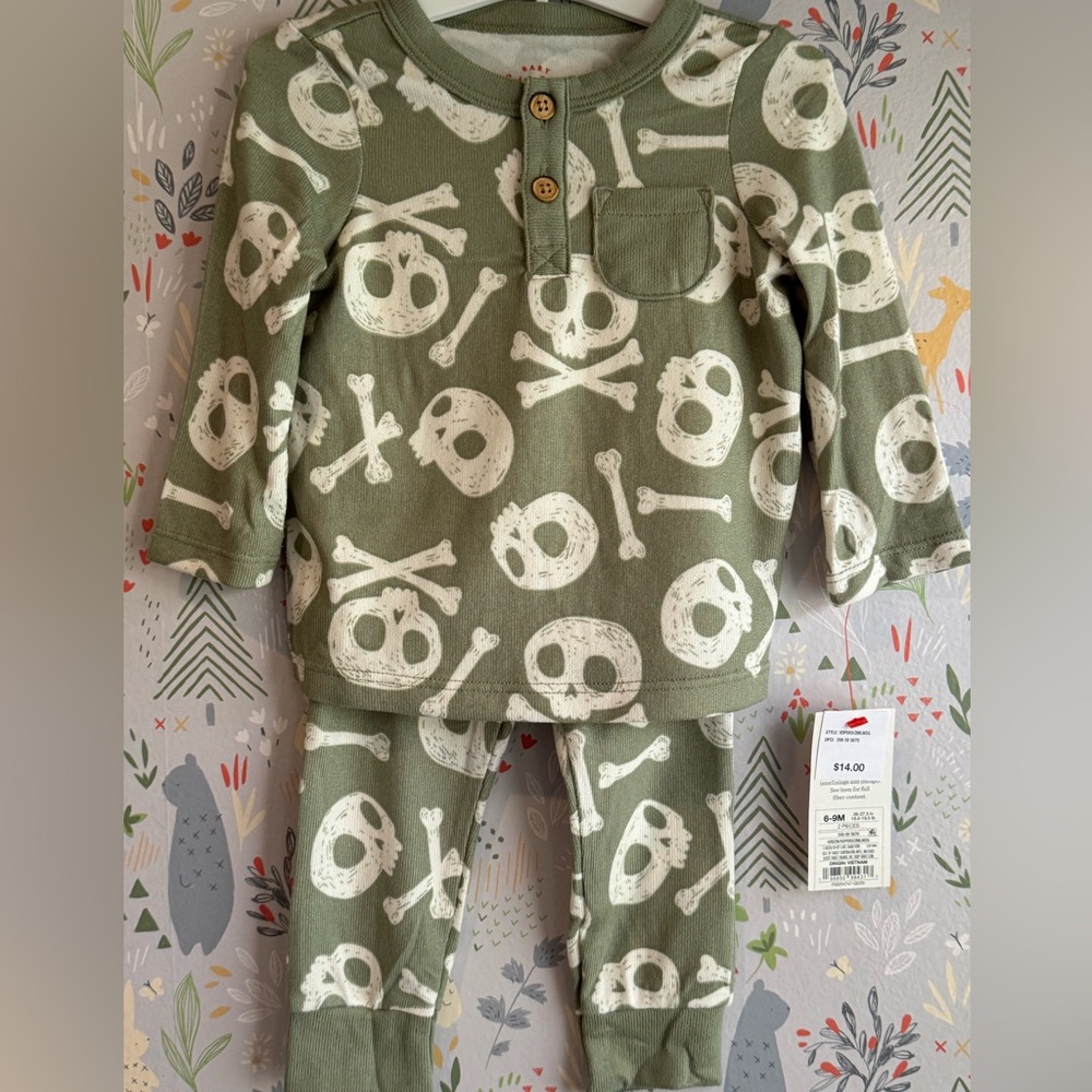 Green and White Skull Crossbones Pocket Henley 2 Piece Matching Set